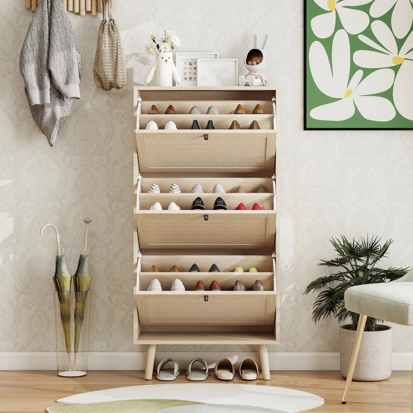 Schoenenkast – Schoenenopberger – Schoenenrek – Schoenenmeubel – Smal Design – Ruimtebesparend – Handgevlochten Deuren - QUORE