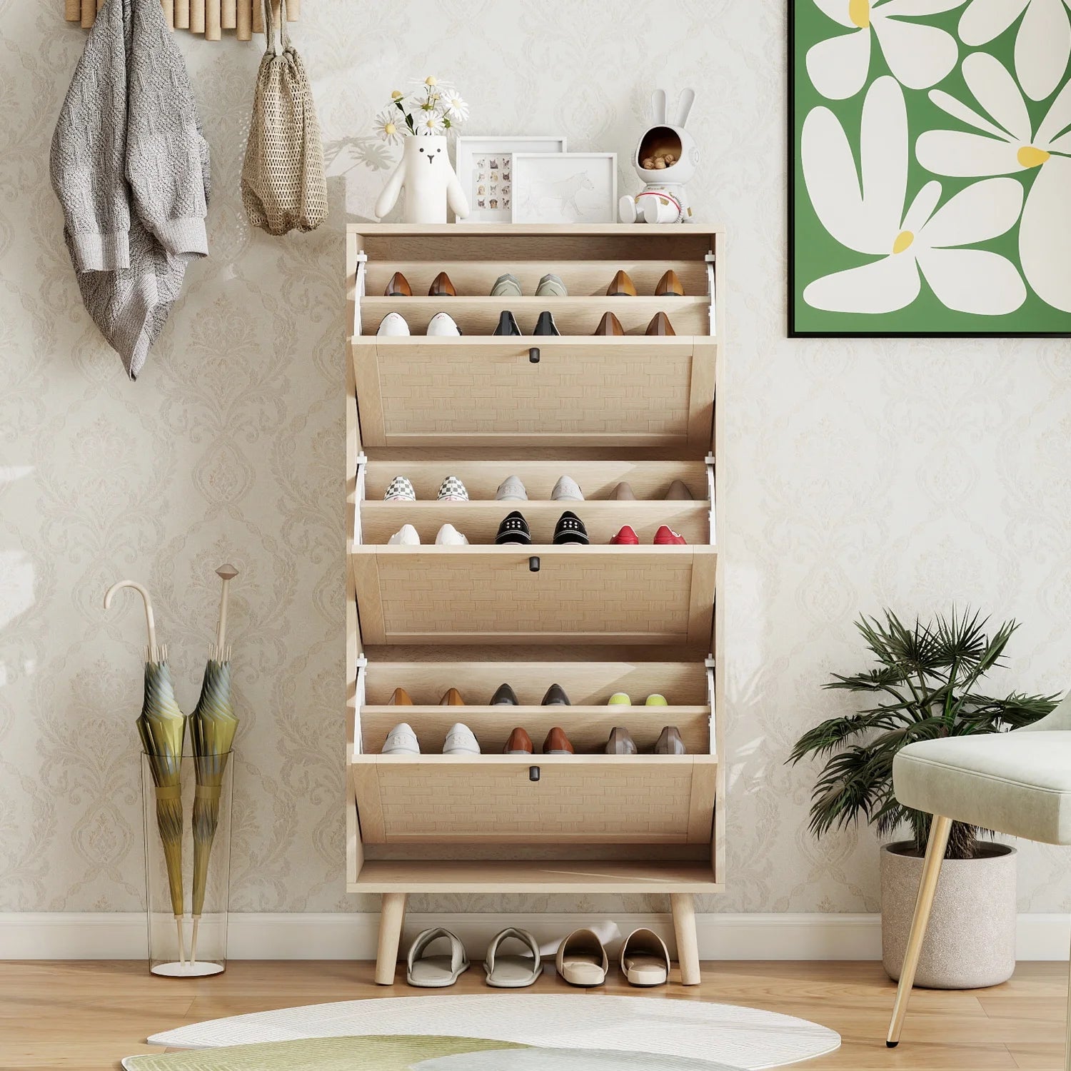 Schoenenkast – Schoenenopberger – Schoenenrek – Schoenenmeubel – Smal Design – Ruimtebesparend – Handgevlochten Deuren - QUORE