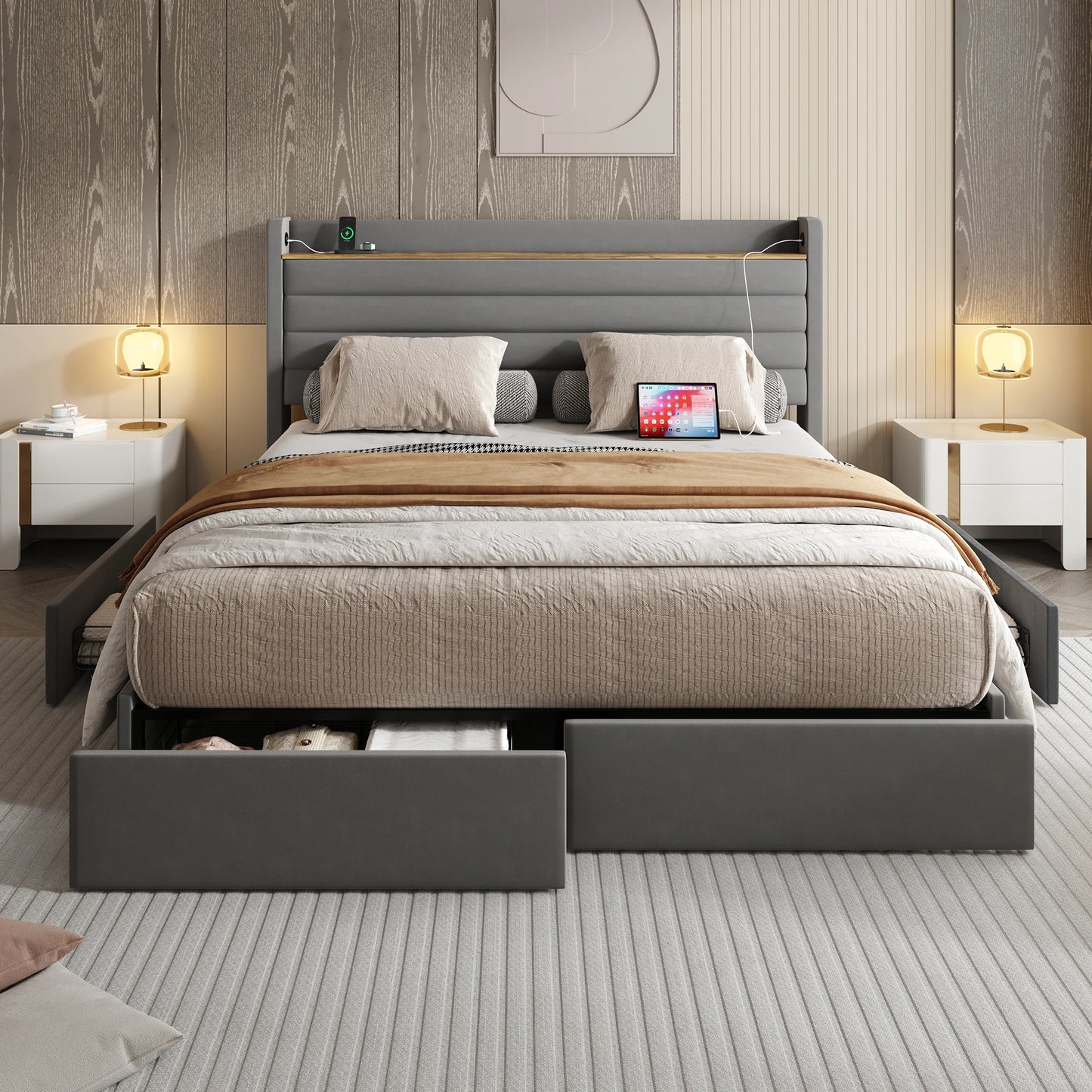 Velvet Bedframe – Fluwelen Bed – Modern Bed – Slaapkamer Meubel – Opbergruimte Met Lades – USB Poorten
