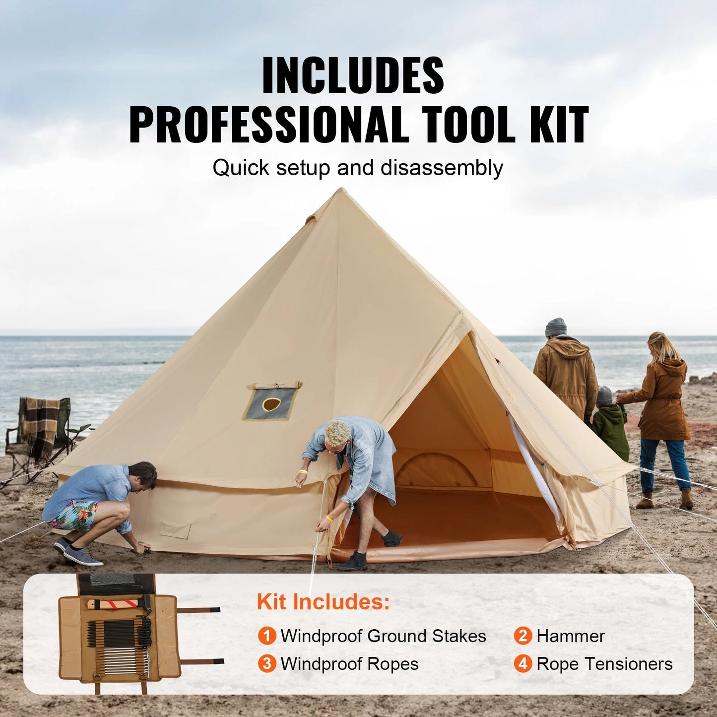 Canvas Bell Tent – Kampeertent – Familie Tent – Ruime Tent – Ademend Canvas – 4 Personen – Kacheluitlaat - QUORE