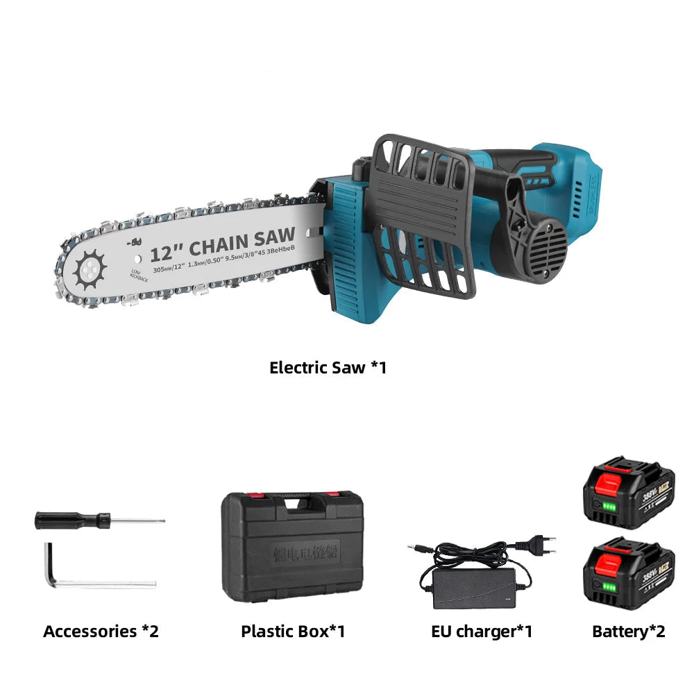 Kettingzaag - Snoeizaag - Takkenzaag - Handzaag - Mini - Draadloze - Elektrische - 12 Inch - Brushless Motor - en LED Display – 18000RPM - Inclusief 2x 18V Accu en Oplader