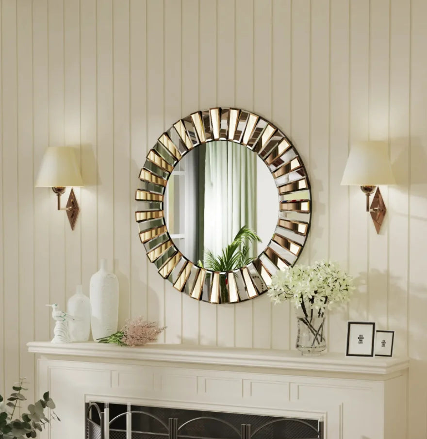 Ronde Stervormige Wandspiegel – Decoratieve Spiegel – Muurspiegel – Design Spiegel – 80 cm – Hoogwaardig Glas & MDF – Warm Tawny Houten Frame