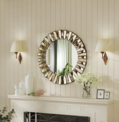 Ronde Stervormige Wandspiegel – Decoratieve Spiegel – Muurspiegel – Design Spiegel – 80 cm – Hoogwaardig Glas & MDF – Warm Tawny Houten Frame