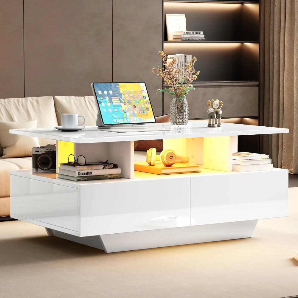 Salontafel – Koffietafel – Tafel – Theetafel – Bijzettafel – Hoogglans Wit – LED-verlichting en 2 Laden – 90x55x41 cm – Belastbaar tot 30 kg