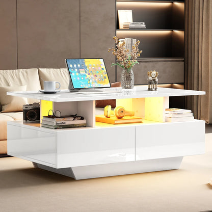 Salontafel – Koffietafel – Tafel – Theetafel – Bijzettafel – Hoogglans Wit – LED-verlichting en 2 Laden – 90x55x41 cm – Belastbaar tot 30 kg