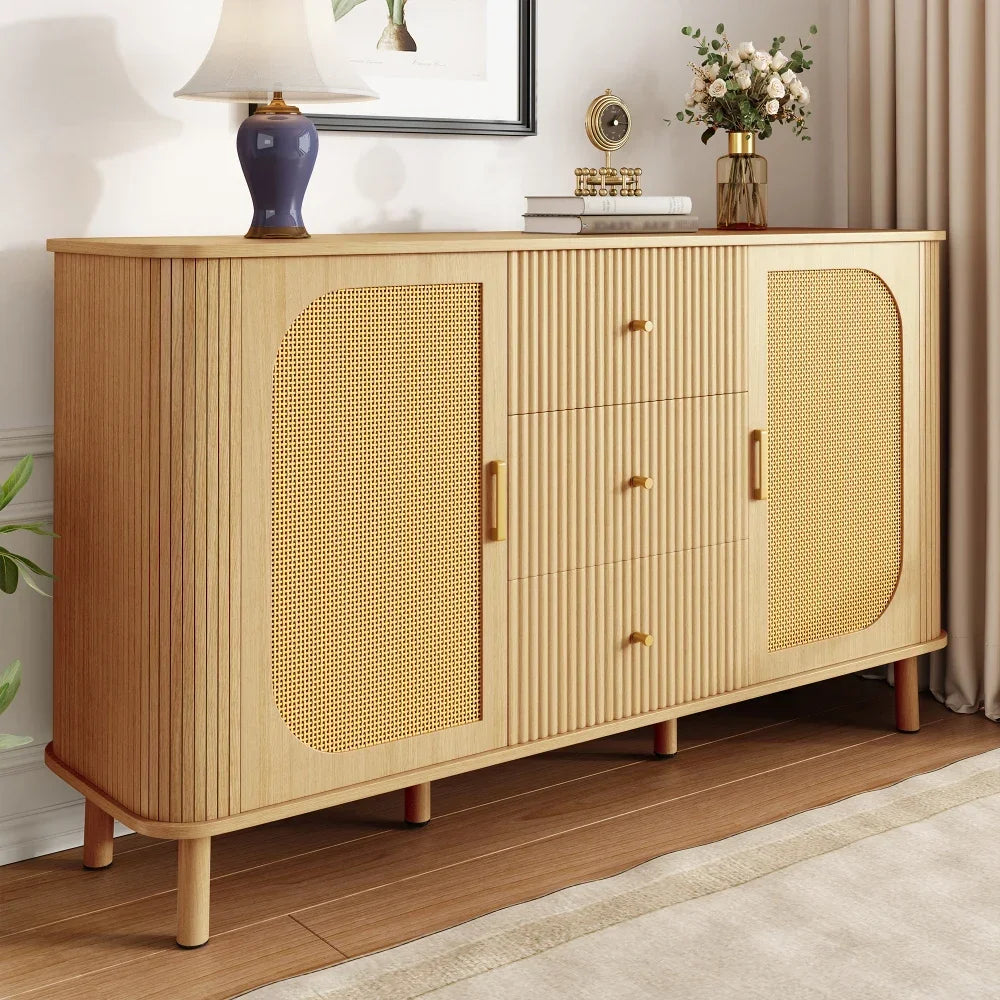 Dressoir – Tv Meubel – Kast – Opbergkast – Wandmeubel – Modern Design Met Rattan Deuren – Met Kabeldoorvoer En Robuuste Metalen Poten