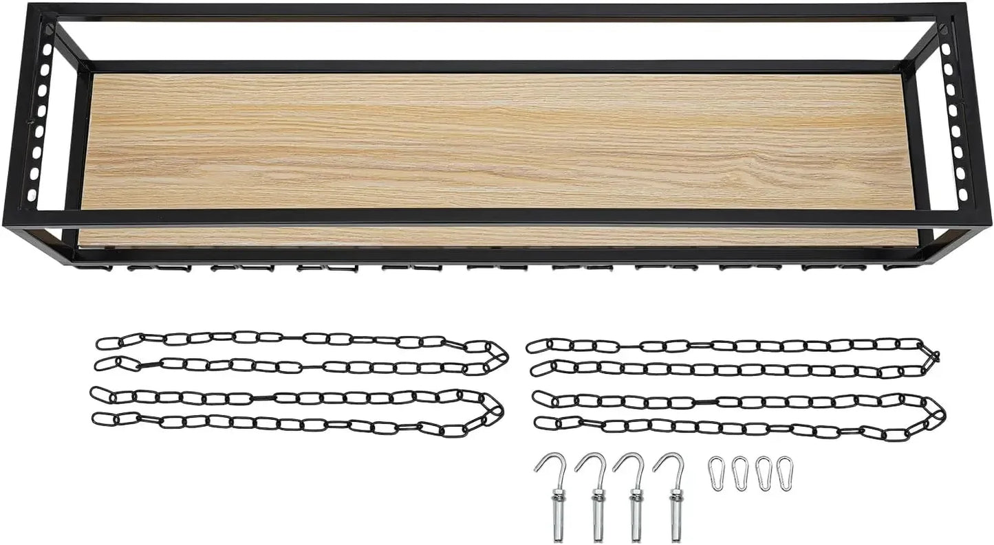 Hangend Wijnrek – Plafond Wijnrek – Wijnhouder – Wijnrek Met Glazenhouder – Drijvend Wijnrek – Mat Zwart – Industrieel IJzer – Verstelbare Ophangkettingen