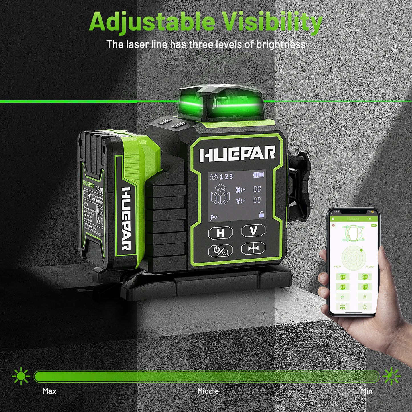 Huepar W03CG Laser Level 3x360 Self Leveling, 3D 12 Lines Bluetoothed Laser Level with Electric Rotating Base ＆ Large LCD Screen