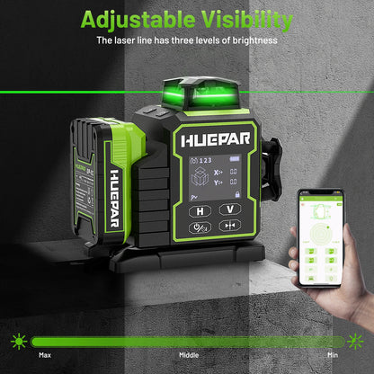 Huepar W03CG Laser Level 3x360 Self Leveling, 3D 12 Lines Bluetoothed Laser Level with Electric Rotating Base ＆ Large LCD Screen