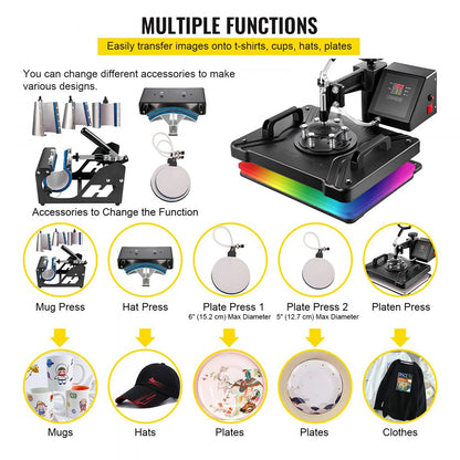 Warmtepersmachine - 8 in 1 -  900W- Warmteoverdrachtsprinter - met LCD - Instelbare Druk - Geschikt voor - T-shirts - Petten - Keramische Platen - 38 x 30cm - QUORE