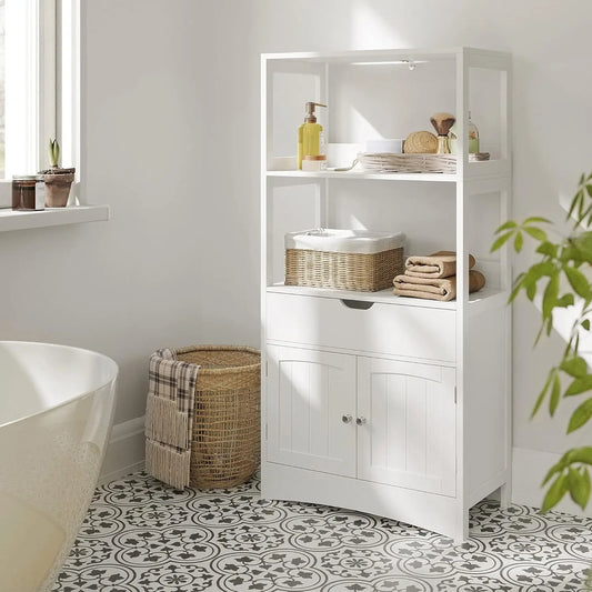 Hoge Vrijstaande Badkamerkast – Witte Opbergkast met 2 Deuren - Lade & 3 Open Planken – Moderne Multifunctionele Kast voor Badkamer - Keuken of Woonkamer