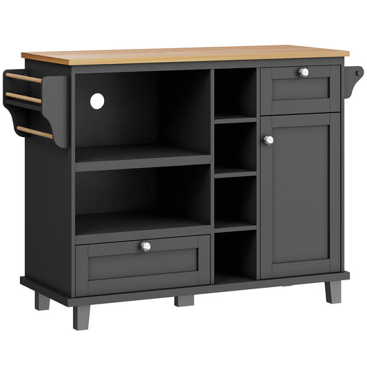 Serveertrolley – Keukentrolley – Serveerwagen – Mobiele Trolley – Opbergtrolley – Zwart MDF Frame – Lichtbruin Houten Werkblad – 2 Laden – 4 Wieltjes Met Remmen