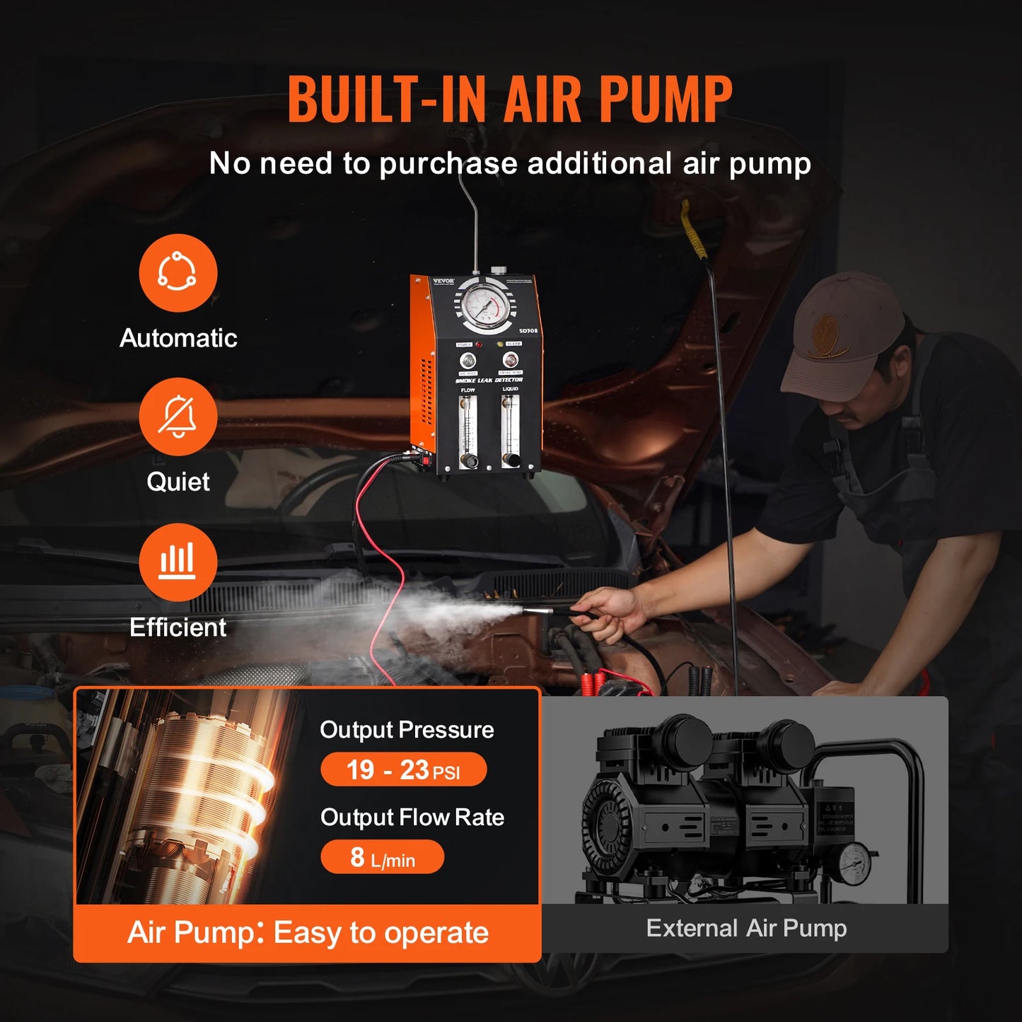 Lekkendetector – Rooktester – Lekzoeker – Evap Detector – Voertuig Lekdetectie – Ingebouwde Luchtpomp – 8L/min Rookoutput - QUORE