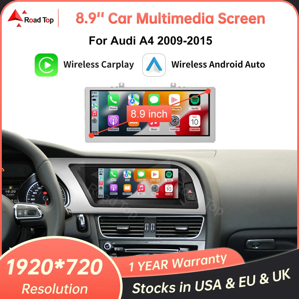8.9" Car Multimedia Display Linux Touch Screen For Audi A4 2009-2015 With Wireless CarPlay Android Auto Airplay Autolink Functio