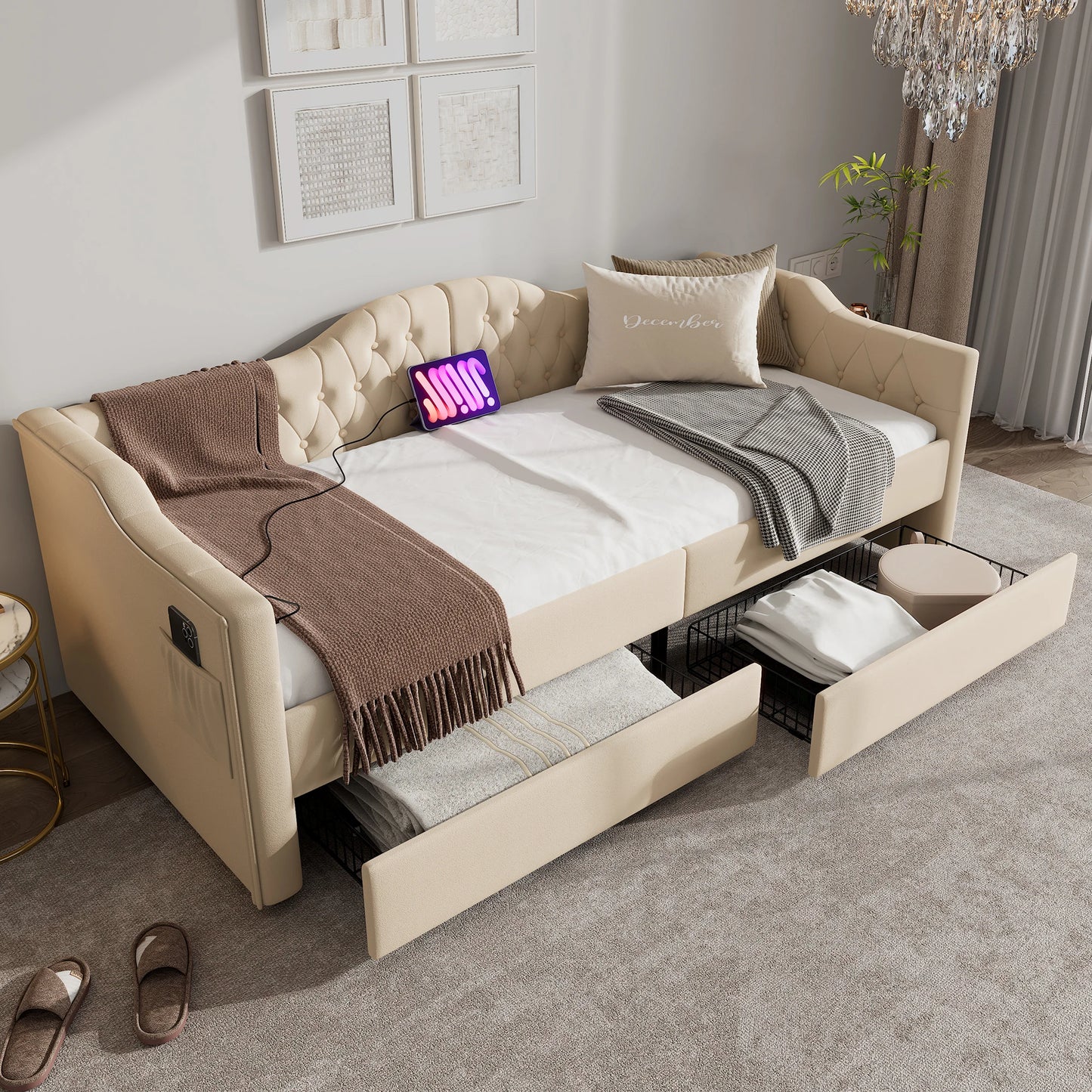 Slaapbank – Bedbank – Logeerbank – Bedbank Met Opbergruimte – Beige Fluwelen Slaapbank 90x200 cm – Met USB Type-C Oplaadpoort – Inclusief 2 Lade Opbergruimtes