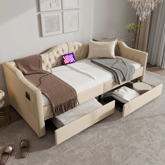 Slaapbank – Bedbank – Logeerbank – Bedbank Met Opbergruimte – Beige Fluwelen Slaapbank 90x200 cm – Met USB Type-C Oplaadpoort – Inclusief 2 Lade Opbergruimtes