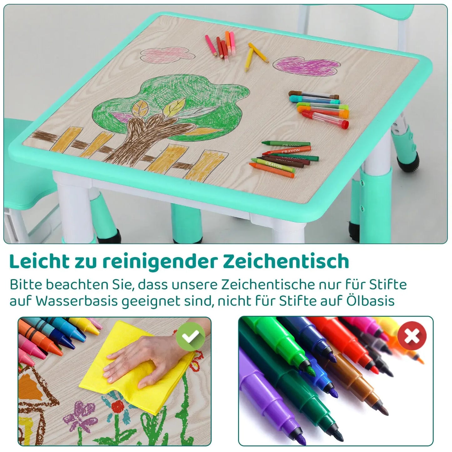 indertafel Met Stoeltjes – Verstelbare Kindertafel Set Met 2 Stoelen – Ergonomisch Ontwerp – Speeltafel Voor Kinderen Van 3 tot 8 Jaar – In Hoogte Verstelbaar – Ideaal Voor Speelkamer - Kinderkamer of Klaslokaal – Turquoise