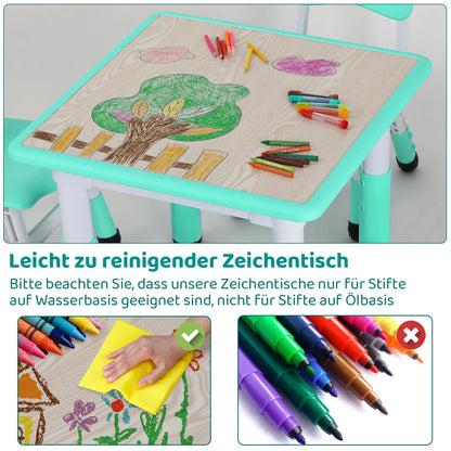 indertafel Met Stoeltjes – Verstelbare Kindertafel Set Met 2 Stoelen – Ergonomisch Ontwerp – Speeltafel Voor Kinderen Van 3 tot 8 Jaar – In Hoogte Verstelbaar – Ideaal Voor Speelkamer - Kinderkamer of Klaslokaal – Turquoise