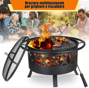 Vuurkorf - 3 in 1 - Tuin Buiten Patio Heater - met houtprikker, gaasdeksel - Staal - Barbecue Grill - Terrashaard voor Sfeervolle en Gezellige Avonden met Vrienden en Familie - Zwart - QUORE