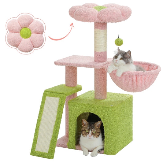 Kattenboom – met Bloem Ontwerp - Krabpaal - Stabiele Hangmat - Huis - Sisal Krabpalen - Verwijderbare Top Perch - Kat Condo - voor Kleine Binnenkatten - 80 cm - Roze