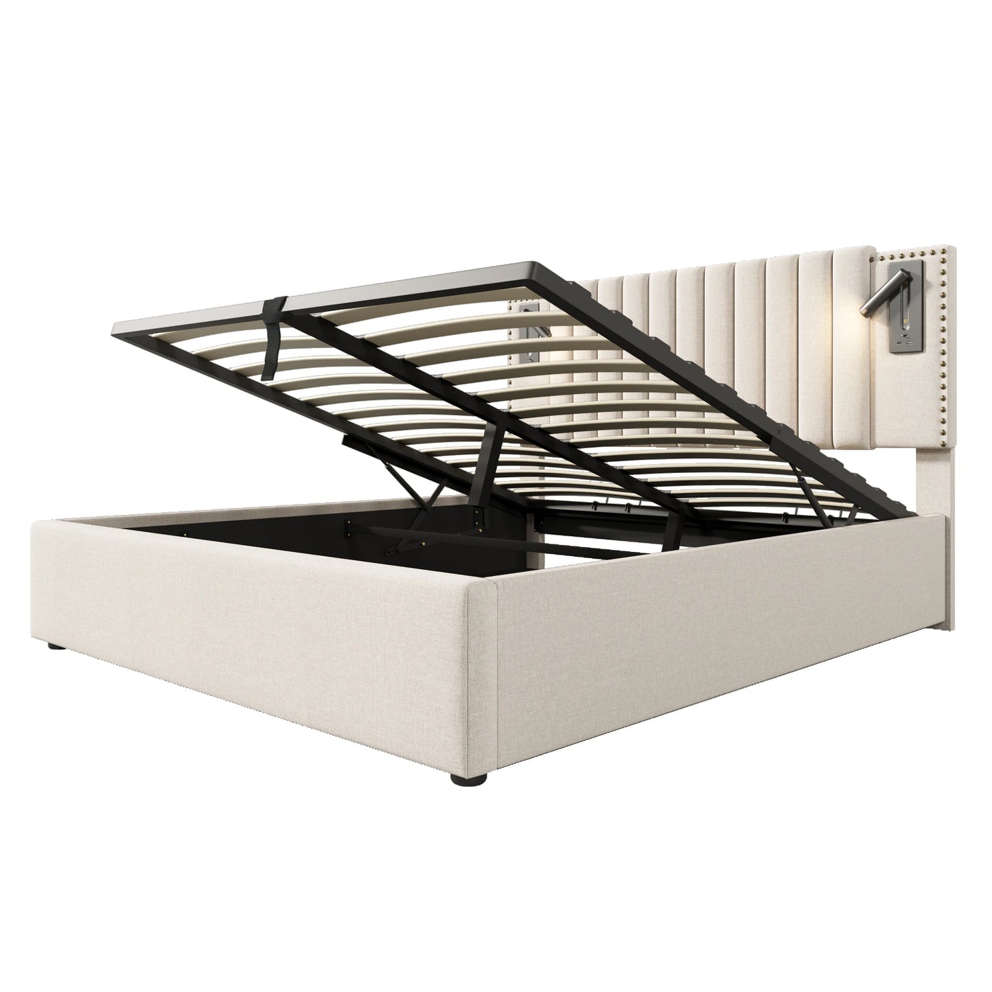 Gestoffeerd Tweepersoonsbed – Bedframe – Slaapbank – Ledikant – Bedbodem – Grijs 160x200 cm – Met USB-C Oplaadpoorten – Verstelbare Leeslamp