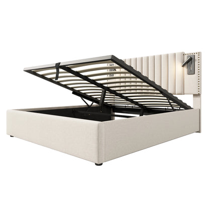 Gestoffeerd Tweepersoonsbed – Bedframe – Slaapbank – Ledikant – Bedbodem – Grijs 160x200 cm – Met USB-C Oplaadpoorten – Verstelbare Leeslamp