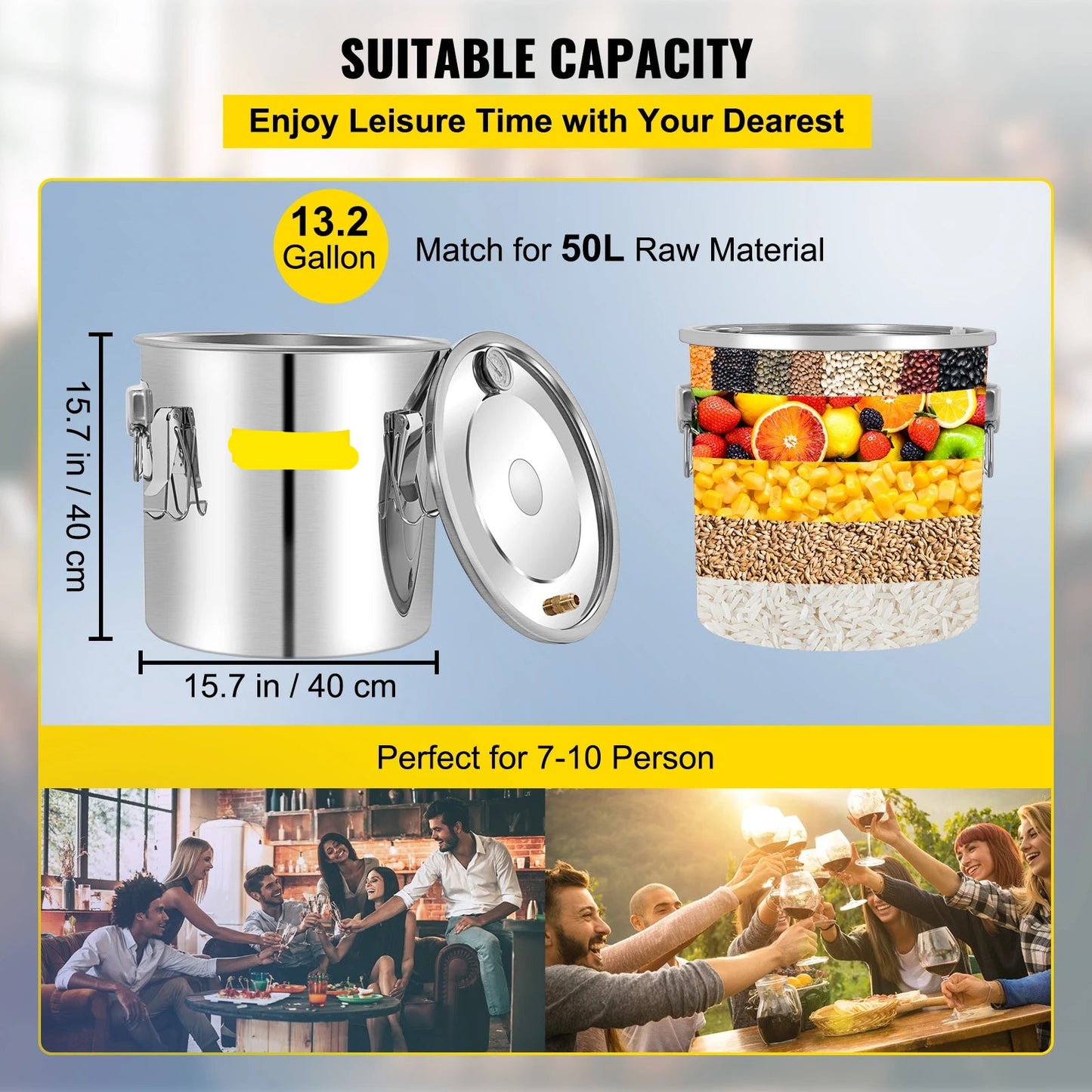 Distilleerketel - Destilleerapparaat - Moonshine - 50L - voor Alcohol - Fermentatie set - Home Brewing Set voor Whisky, Wijn & Brandy – Zilver
