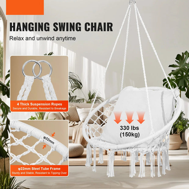 Hangmat - Hangmat voor Twee Personen - Hanging Chair - Hamac - Hammock Chair -  Schommelstoel - 330 lbs capaciteit - Macramé Hangstoel Katoenen Touw - voor Slaapkamer Balkon Patio Tuin - Wit