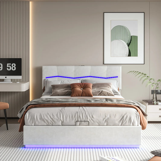 Opbergbed – Tweepersoonsbed – Gestoffeerd Bed – Hydraulisch Opbergbed – PU-Leer Hoofdbord – RGB-LED Verlichting
