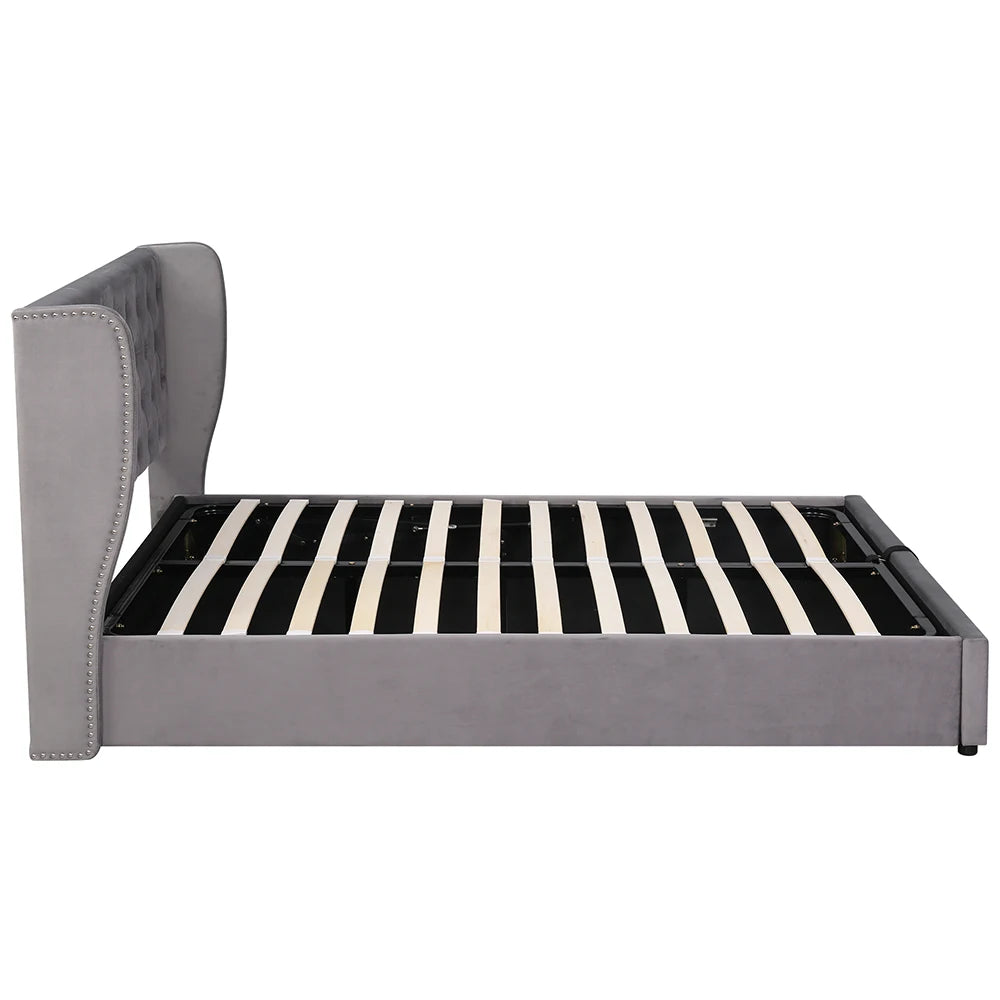 Bed – Tweepersoonsbed – Gestoffeerd Bed – Opbergbed – Velours Bed – Donkergrijs 140x190 cm – Hydraulische Opbergruimte – Lattenbodem