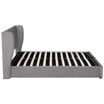 Bed – Tweepersoonsbed – Gestoffeerd Bed – Opbergbed – Velours Bed – Donkergrijs 140x190 cm – Hydraulische Opbergruimte – Lattenbodem