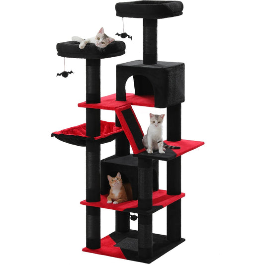 Kattenboom - Kitten Krabpaal - Sisal Krabpalen - Krabpaal - Katten Klimmuur - Krabplanken - Arbre a Chat - Hangmat & Speeltjes - Meerdere Verdiepingen - met Pluche Kattenhuisjes - 180cm - Zwart - QUORE