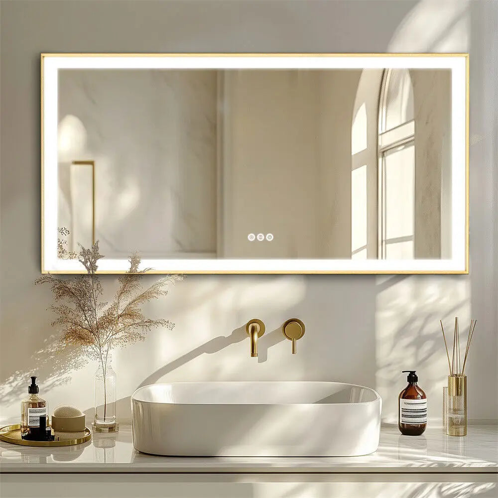 LED Spiegel – Badkamerspiegel – Verlichte Spiegel – Make-Up Spiegel – Dimbaar Licht – Anti-Condens Verwarming – Goud Aluminium Frame - 1400x700mm - QUORE