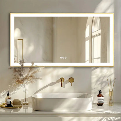 LED Spiegel – Badkamerspiegel – Verlichte Spiegel – Make-Up Spiegel – Dimbaar Licht – Anti-Condens Verwarming – Goud Aluminium Frame - 1400x700mm - QUORE