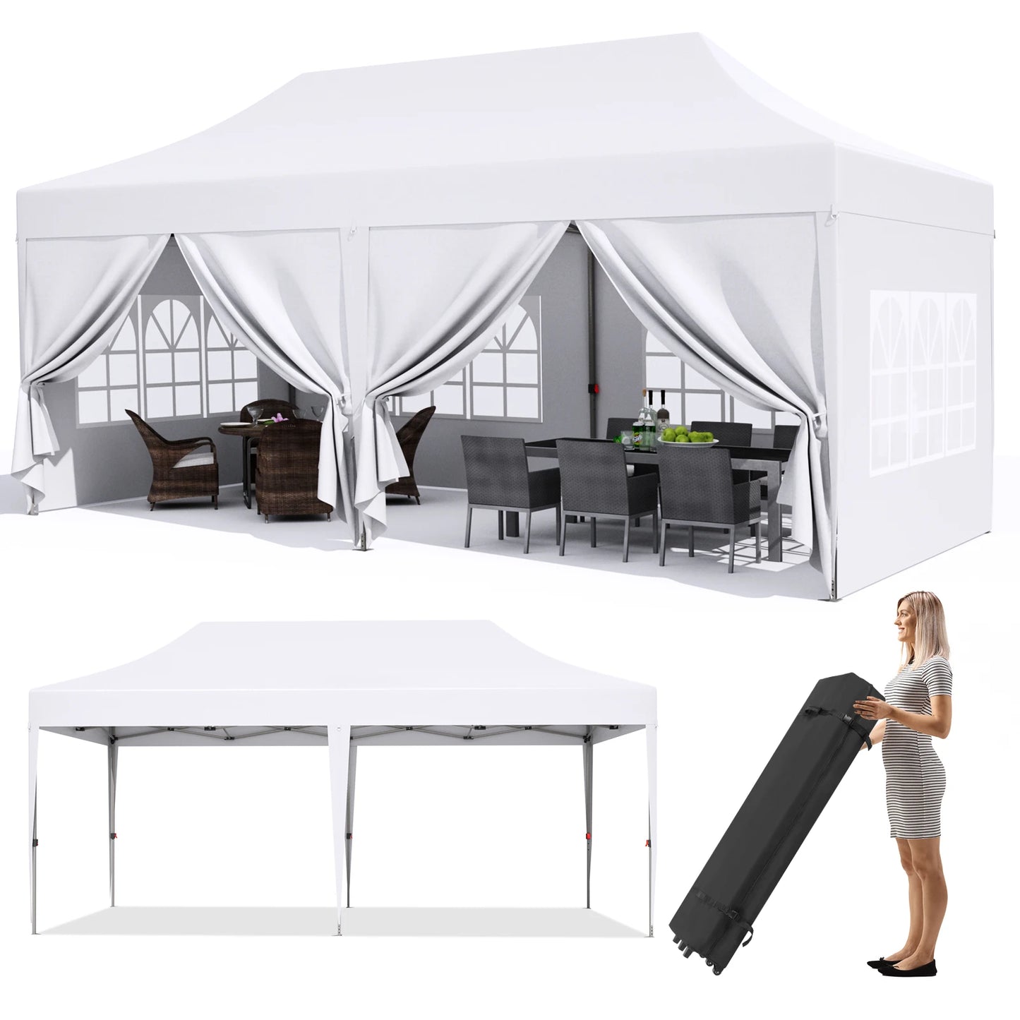 Partytent - Tent - Paviljoen - Partytenten - 3x6m - Waterdicht Party Tent - Opvouwbare - UV 50+ Bescherming – Hoogte Verstelbaar – Inclusief Zijpanelen & Zandzakken  - Wit