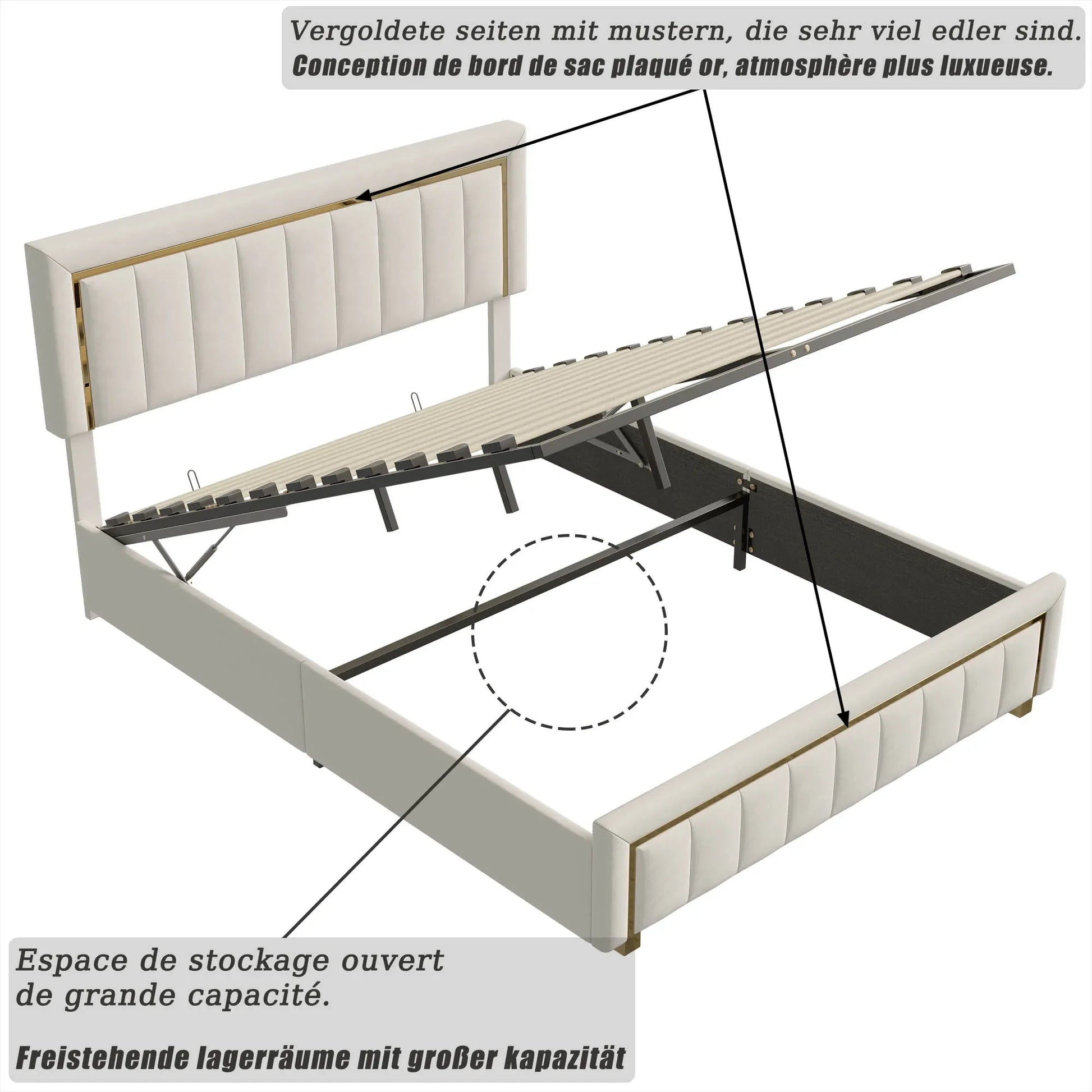 Modern Velours Bed – Boxspring Bed – Slaapbank – Stapelbed – Bedframe – Ivory – Ruime Opbergruimte Met Hydraulisch Systeem – Duurzaam Massief Houten Frame - QUORE