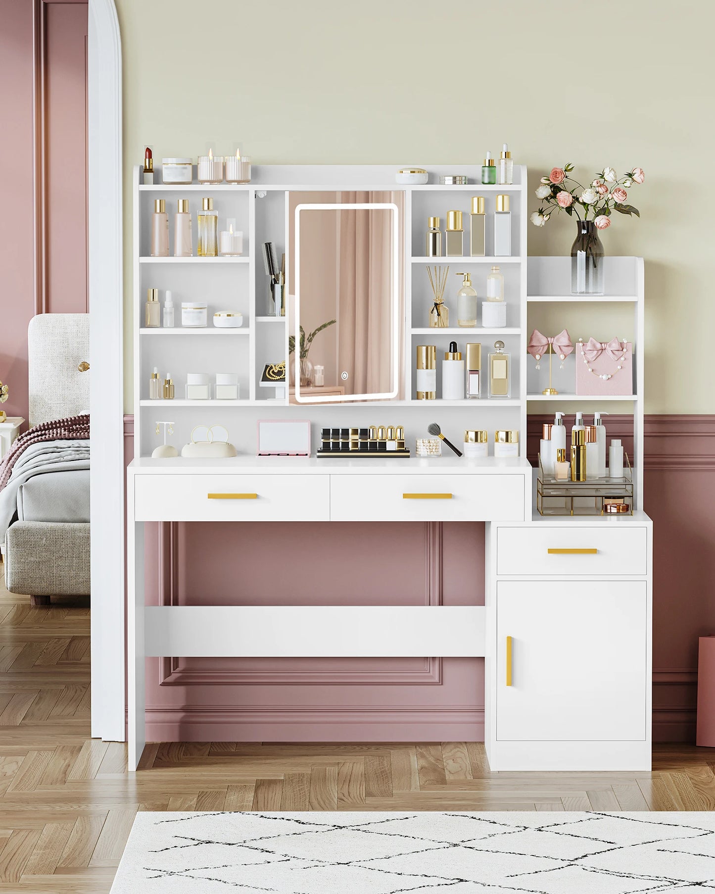 Make-up Tafel – Kaptafel – Schminktisch – Dressing Table – Toilettafel – Met Spiegel en Instelbare LED Verlichting – 130 cm Breed Met 3 Laden en Kastje - QUORE