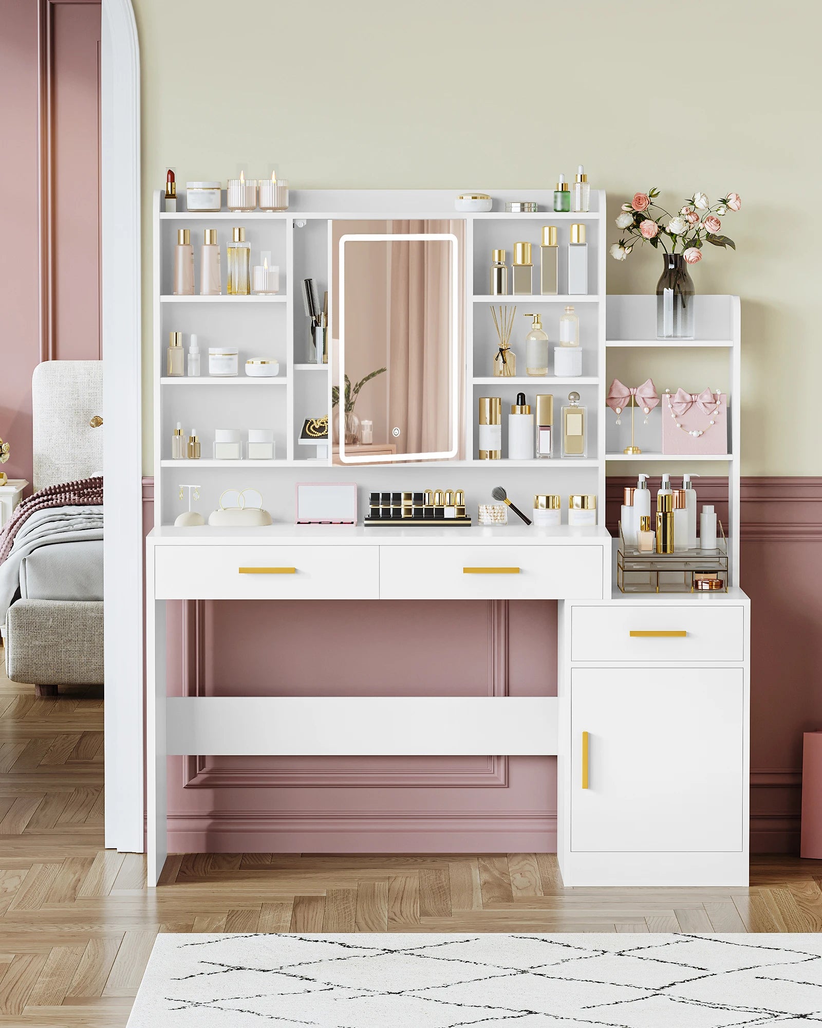 Make-up Tafel – Kaptafel – Schminktisch – Dressing Table – Toilettafel – Met Spiegel en Instelbare LED Verlichting – 130 cm Breed Met 3 Laden en Kastje - QUORE