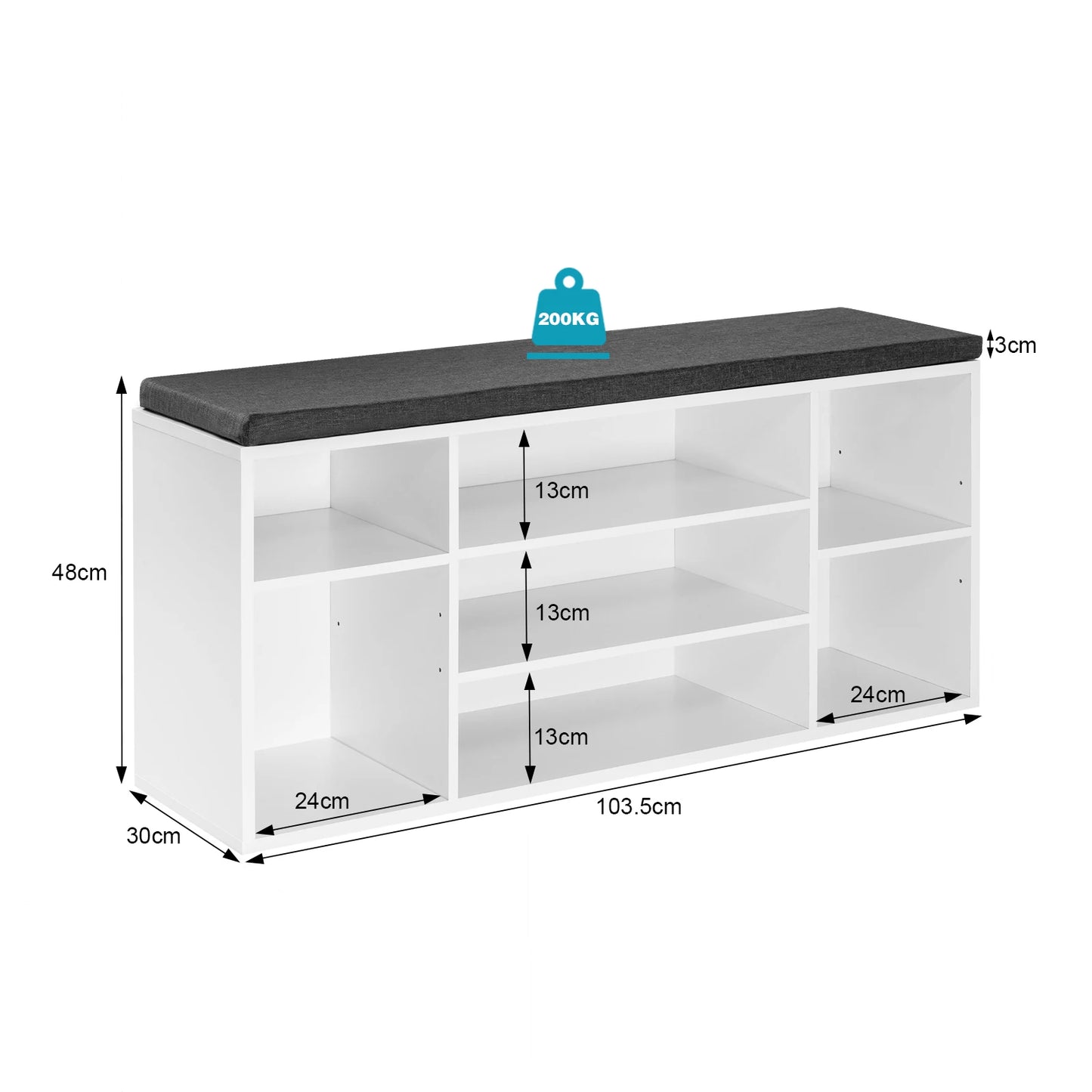 Hal Schoenenkast - Schoenenbank - Schoenenrek - Schoenkast - 103.5x30x48cm - Vrijstaand & 7 Compartimenten – Opbergbank met Stoffen Kussen - Wit & Grijs