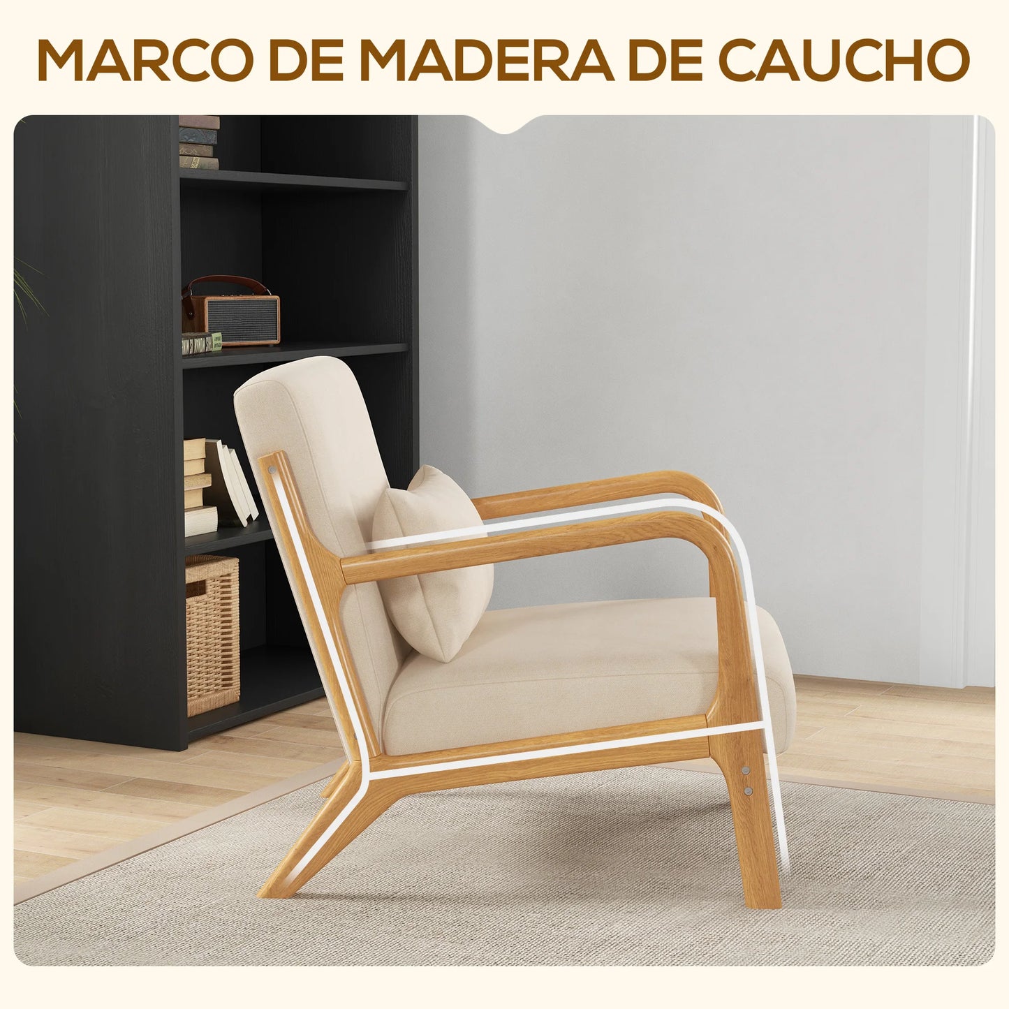 Ligstoel - Tuinstoel - Lounge Fauteuil - Tuinmeubel - Ligstoelen Buiten - Binnen - met Kussen - voor Woonkamer - Slaapkamer - Thuis - Noords Stijl - Stevig - Duurzam - Eenvoudig te Monteren - Massief Hout - 61 x 71 x 76 cm - Beige - QUORE