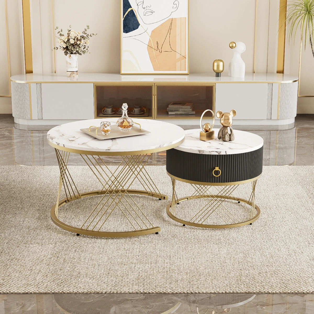 Koffietafel Set – Salontafel – Bijzettafel – Woonkamertafel – Modulaire Tafels – Marmerlook Blad – Gouden Accenten - 78 x 76.5 x 28 cm - Wit & Goud