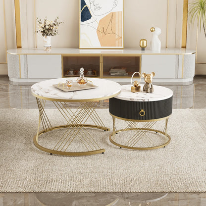 Koffietafel Set – Salontafel – Bijzettafel – Woonkamertafel – Modulaire Tafels – Marmerlook Blad – Gouden Accenten - 78 x 76.5 x 28 cm - Wit & Goud