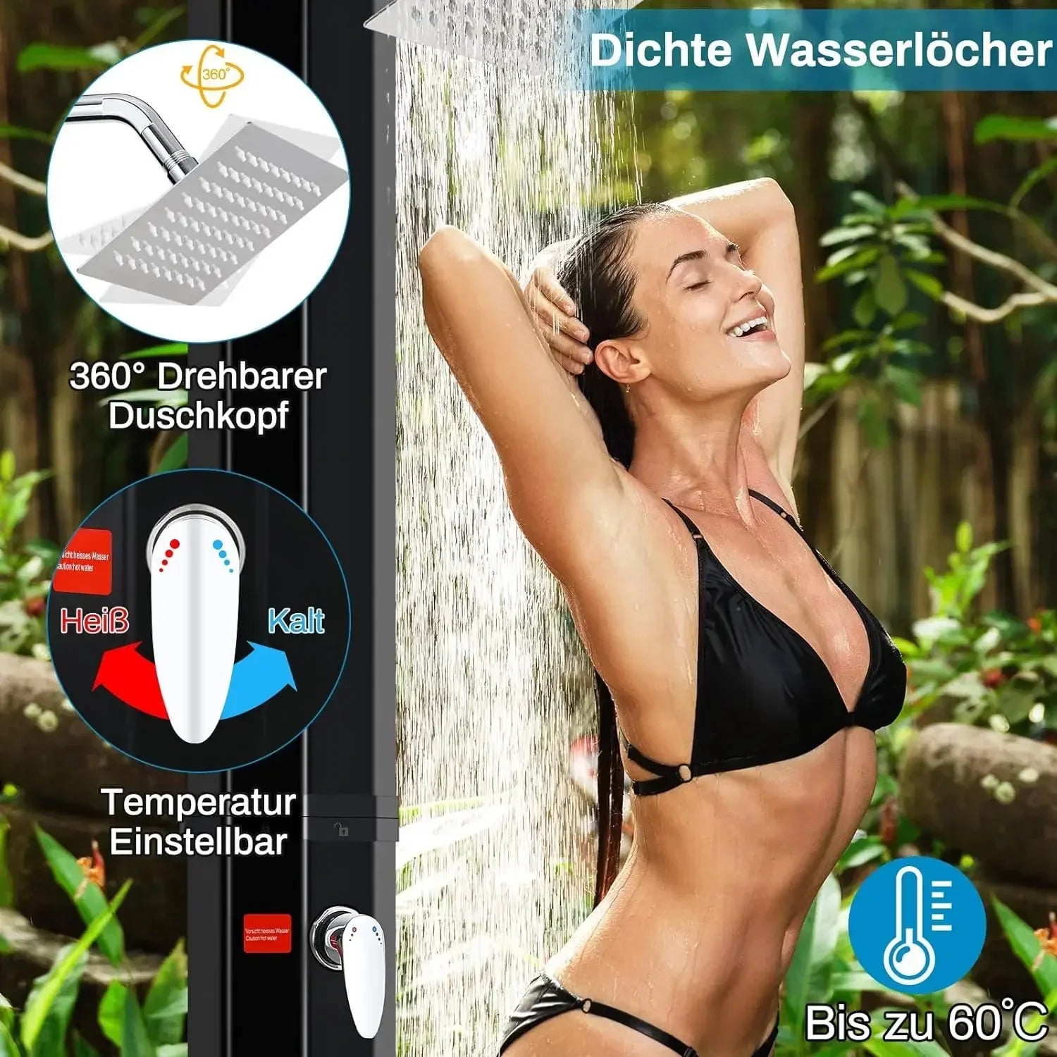 Buitendouche - Solar Buitendouche - 60L - Tuindouche - Buitendouche Zonneenergie - Vrijstaande 360° Douchekop met Voetkraan, Temperatuurregeling tot 60°C - Zwart - QUORE