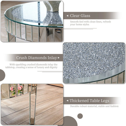 Spiegelende Salontafel – Ronde Tafel – Modern Meubel – Kristallen Inleg – MDF En Glas – Diameter 80 cm – Draagvermogen 50 kg