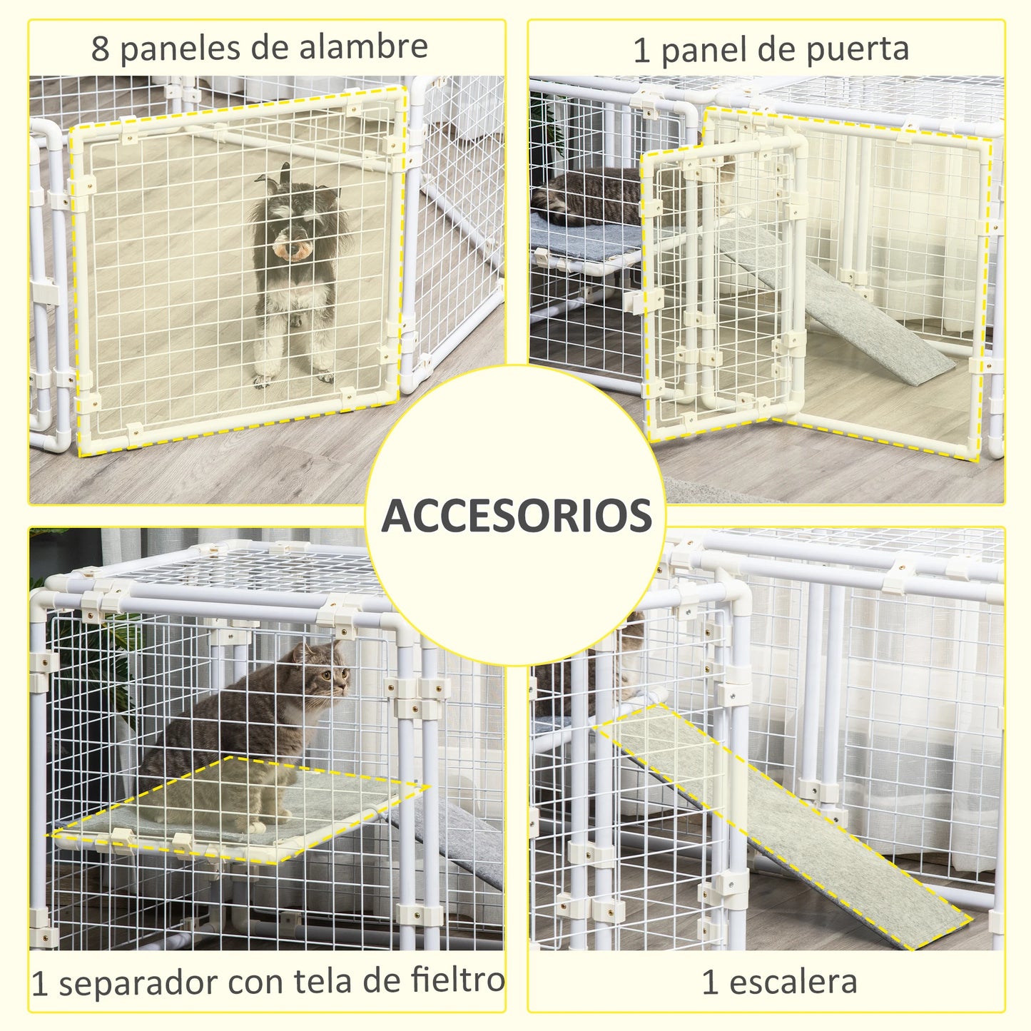 Modulaire Dierenren – Knaagdierren – Huisdierenren – Speelren – Binnenren – Stevig Staal – Vilten Mat - 143 x 74 x 140 cm - QUORE