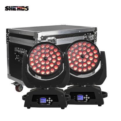 LED Moving Head Wash Licht – Podiumverlichting – DJ Licht – Feestverlichting – Disco Licht – 36x18W RGBWA+UV – Verstelbare Zoom 15-45° – Inclusief Flightcase EU Stekker