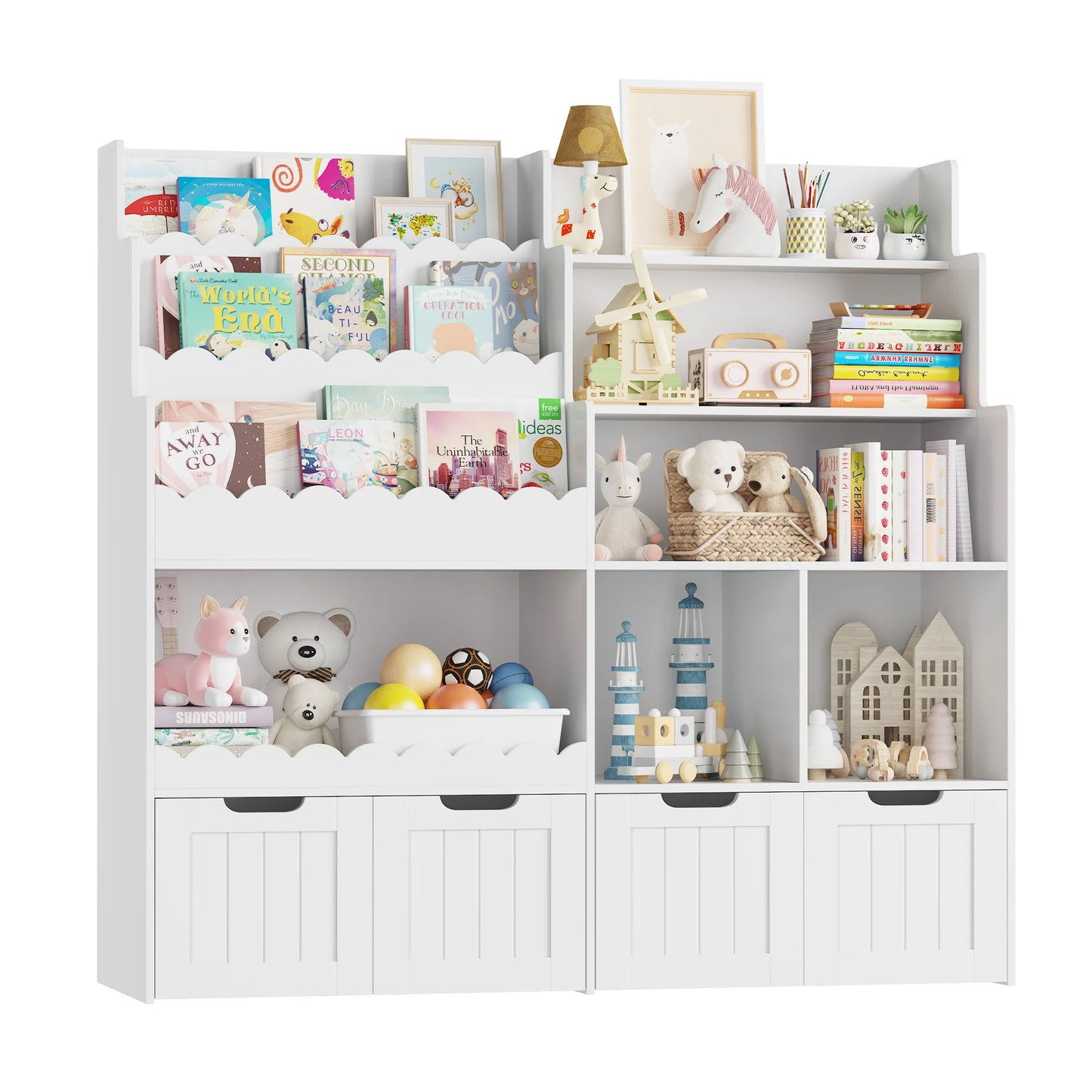 Kinderboekenplank – Speelgoedkast – Opbergmeubel – Boekenkast – Kinderkamermobiel – Wit – Met 4 Lades op Wieltjes – Hoogwaardig Hout – Afmetingen 125,5x40x120 cm