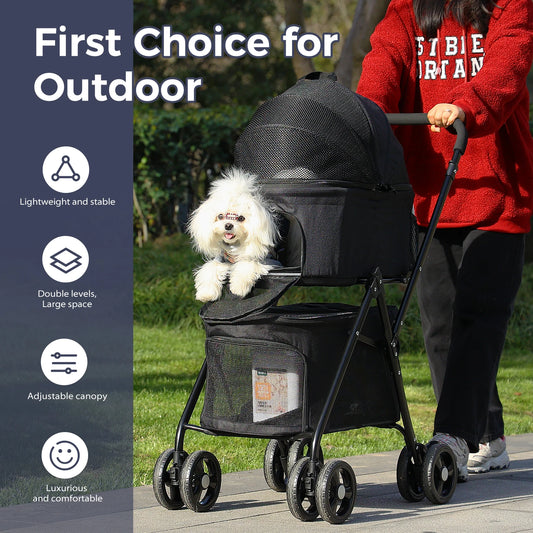 Foldable Pet Stroller with 4 Wheels, Double Dog Stroller for Travel Walking, Detachble Portable Pet Bag for Small Cats or Dogs