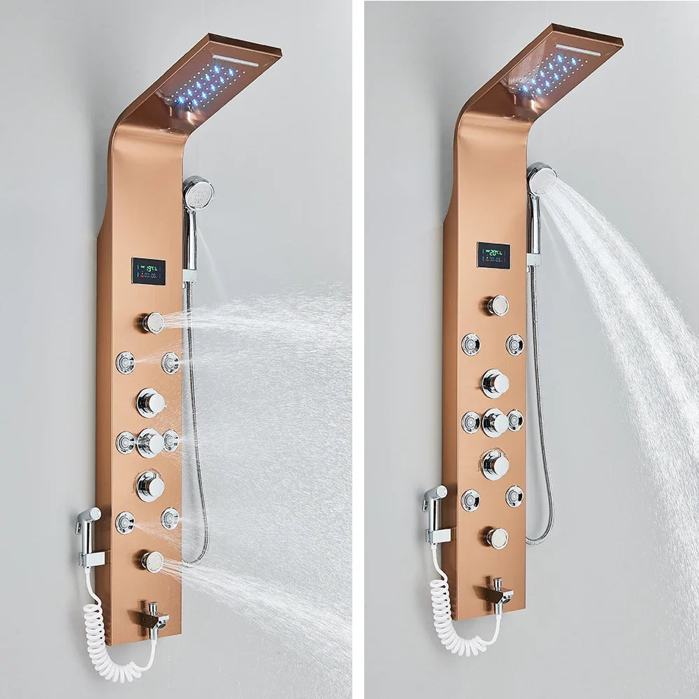 Douchepaneel  - Douche - Regendouches - LED Douchepaneel met LCD Display - 6 Standen Waterfall & Regenmassage Systeem, Badmengkraan & Hydromassage Jets (Geborsteld Nikkel)