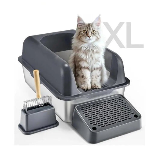 Kattenbak - Kattenbakvulling - Kattenbakken - Kattenbakken - 6 cm Diep - Roestvrijstalen Kattenbak - met Schep Breed Filterende Voetenplank & Hoge Zijkanten - DarkGrey - QUORE